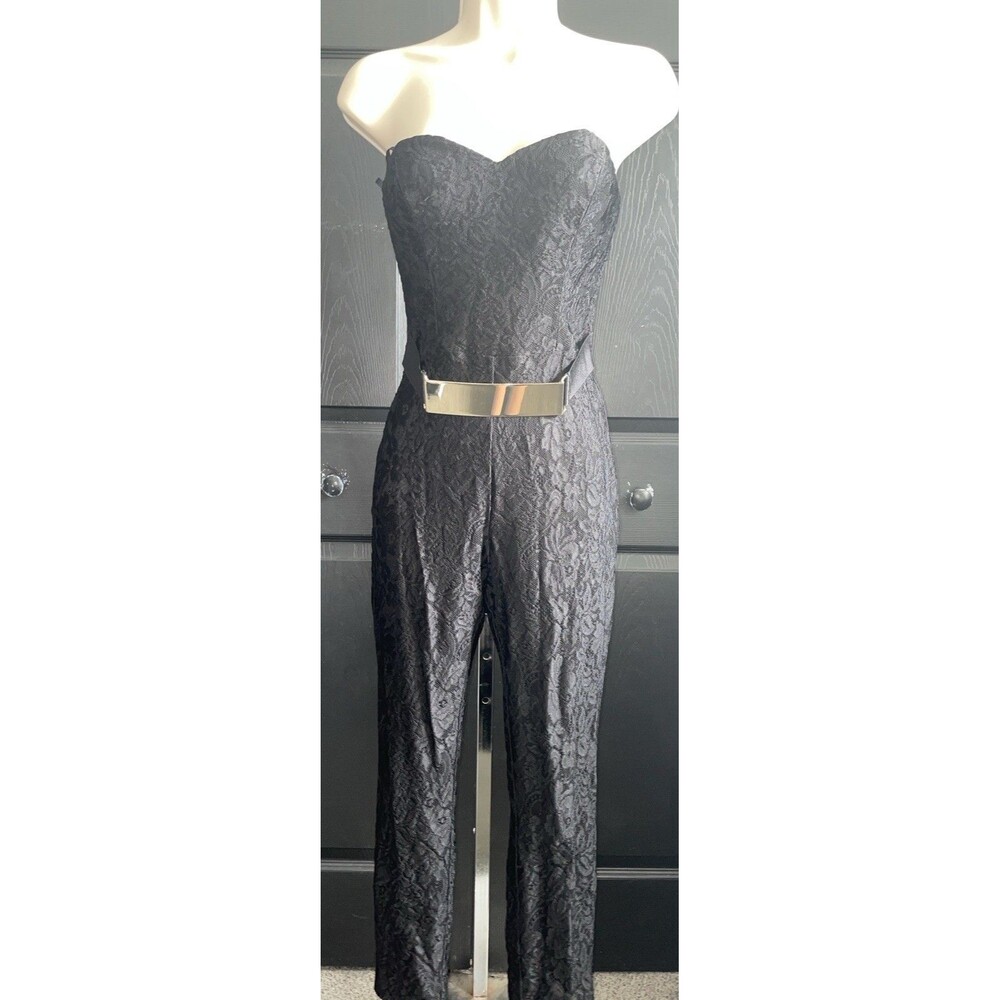 Vintage Bebe Black Lace Strapless Jumpsuit 2P Gold Belt Y2K